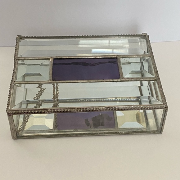 Vintage Jewelry Trinket Box Purple Stain Glass Clear Beveled Mirror Chain Hinged - Picture 1 of 12